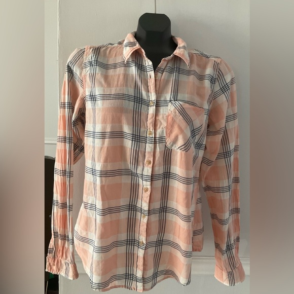 Peach & Bluish Gray Plaid Button-Up Blouse w/Collar - Picture 1 of 2
